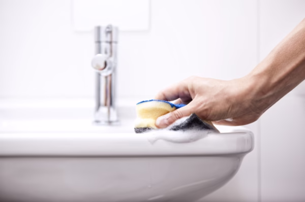 Mopped tile floors in a bright, clean bathroom